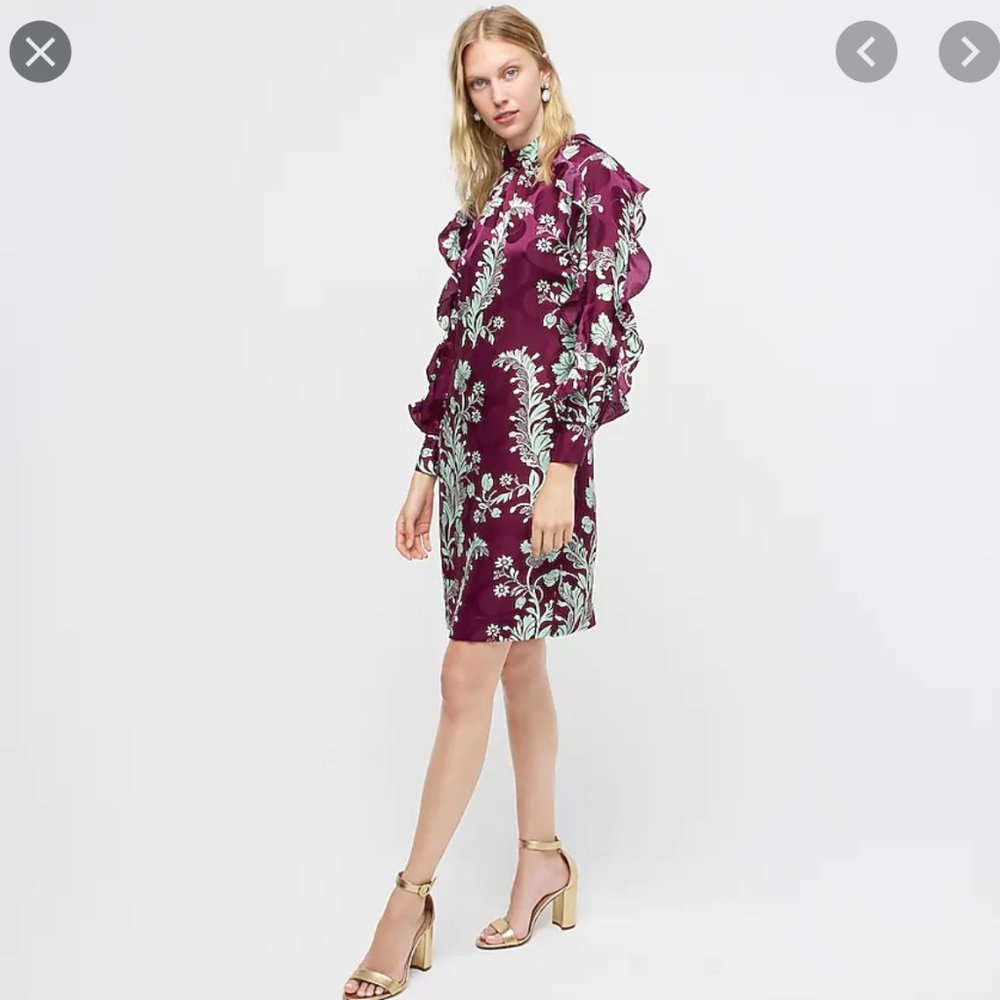 J.Crew Ruffle sleeve high-neck mini dress-silk-IRIS MINT/purple-AD094-NWT